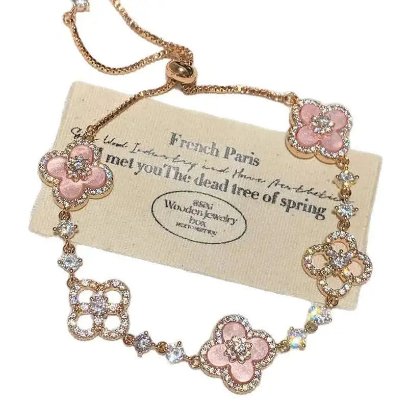 Qimeng Sweet Cherry" Vintage Pink Mother-of-Pearl Four-Leaf Clover Bracelet with Micro-Zirconia Inlay and Cutout Design FREE Shipping