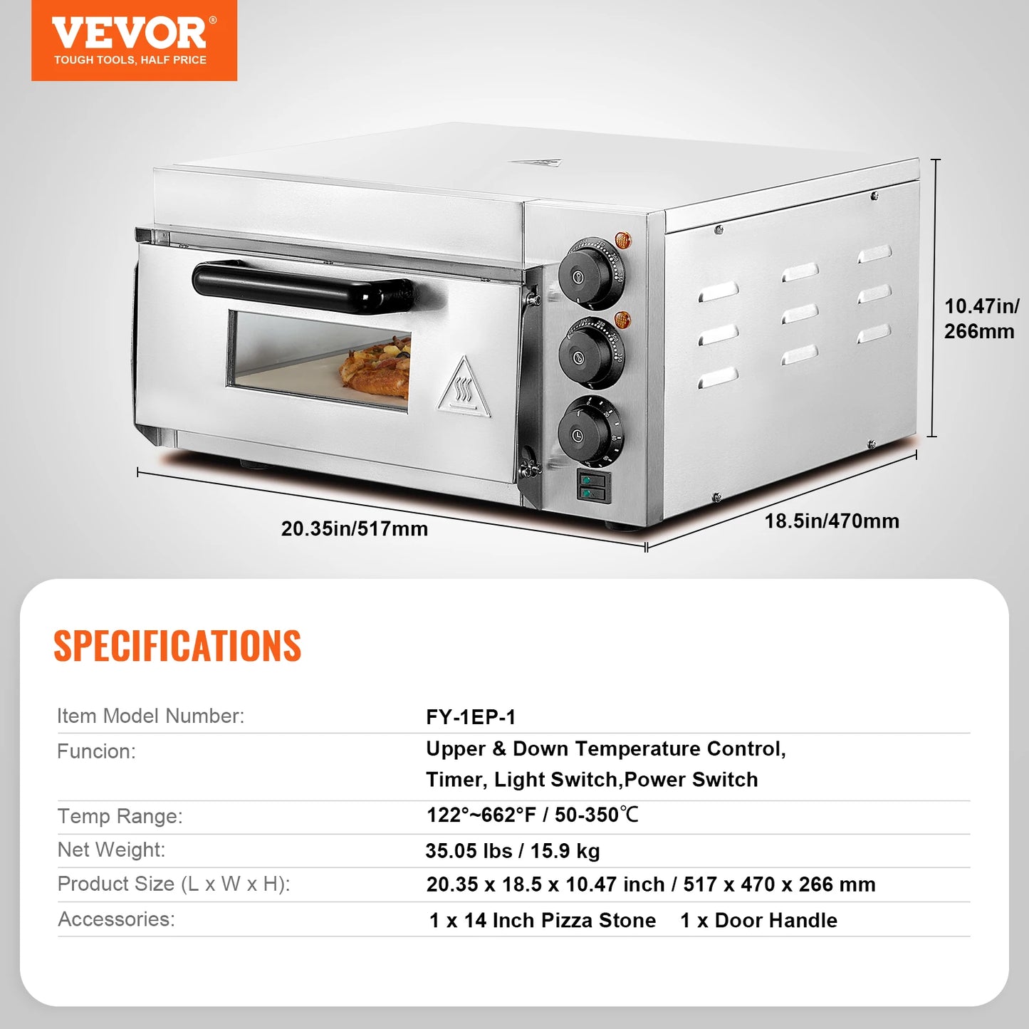 VEVOR Commercial Pizza Oven Countertop Single Deck Layer Stainless Steel Electric Pizza Oven with Stone and Handle Pizza Maker Free Shipping
