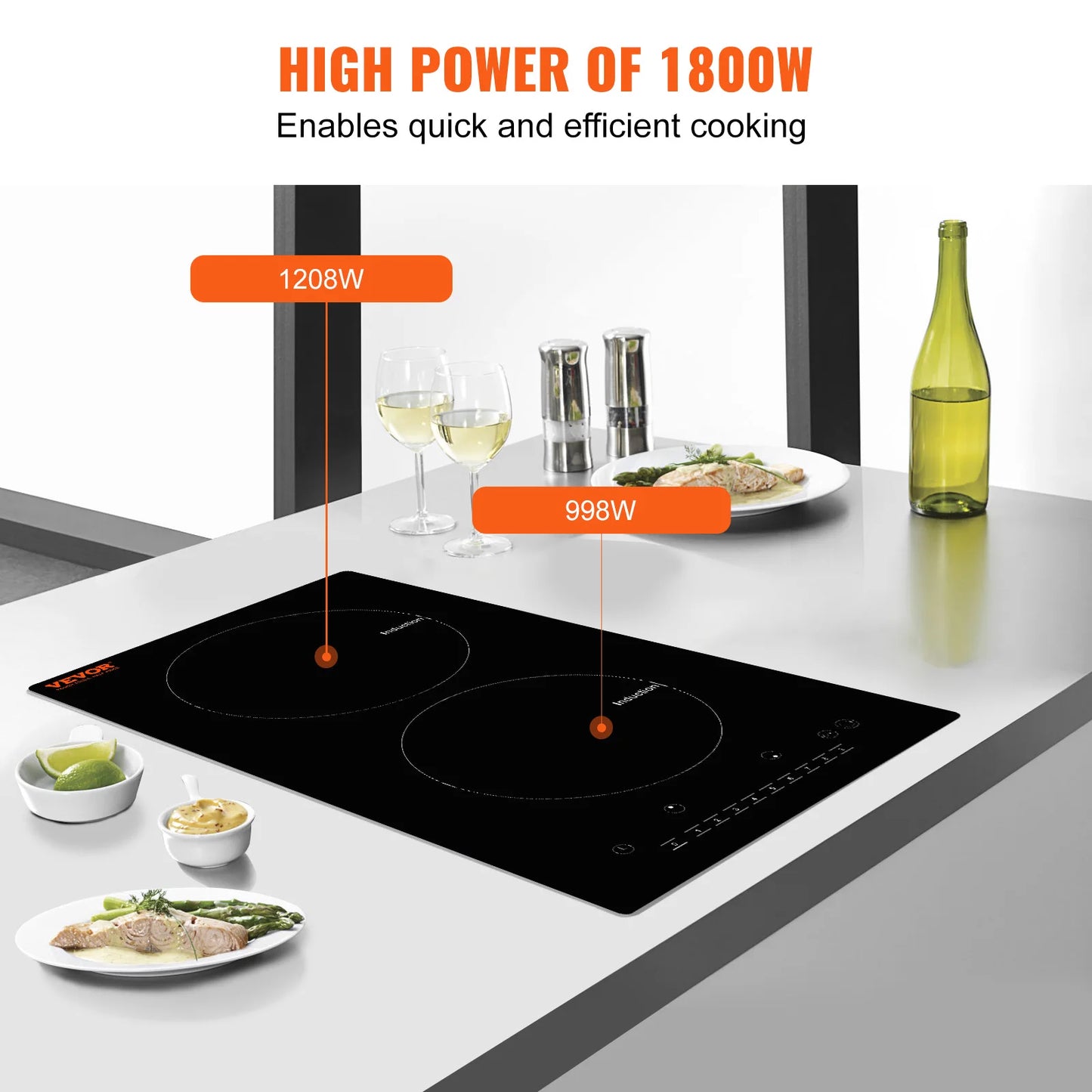 VEVOR Electric Cooktop, 2 Burners, 24'' Induction Stove Top, Built-in Magnetic Cooktop 1800W, 9 Heating Level Multifunctional Burner, LED Touch Screen w/Child Lock & Over-Temperature Protection Free Shipping