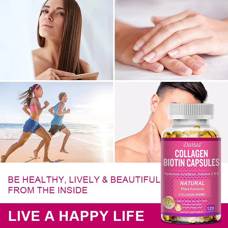 Collagen Biotin Supplement - Hyaluronic Acid Biotin Vitamin C E - Hair Skin Nails Joint Support Vegan Capsules Free Shipping