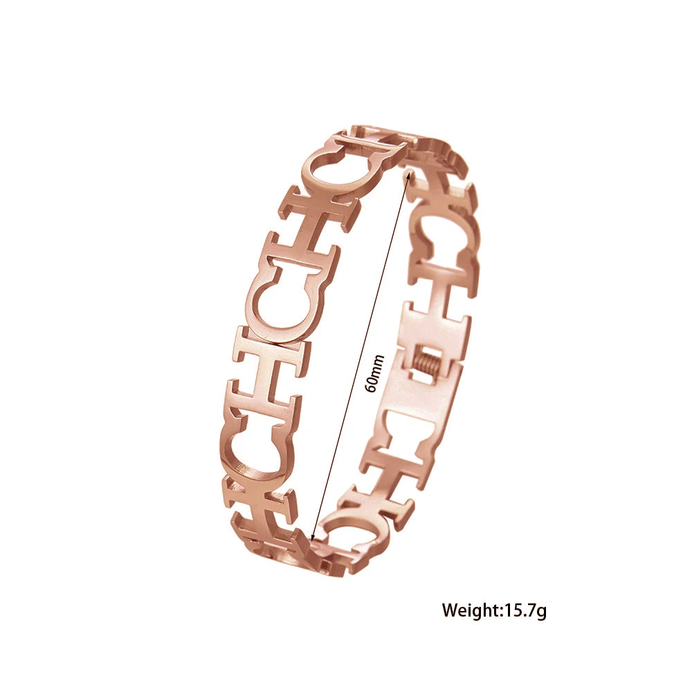 Classic letter cut black enamel gold plated stainless steel bracelet, high quality waterproof silver jewelry