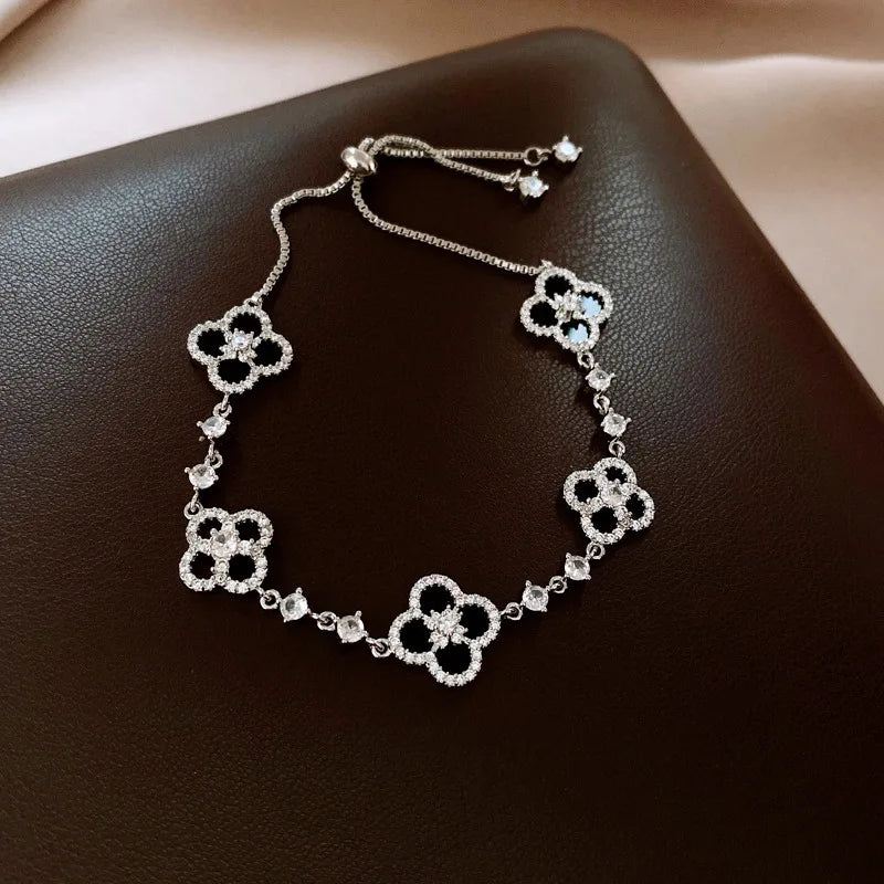 Qimeng Sweet Cherry" Vintage Pink Mother-of-Pearl Four-Leaf Clover Bracelet with Micro-Zirconia Inlay and Cutout Design FREE Shipping