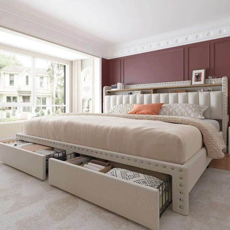 King Size Bed Frame with Storage and Headboard, Upholstered King Bed Frame with Storage, King Bed Frame Free Shipping