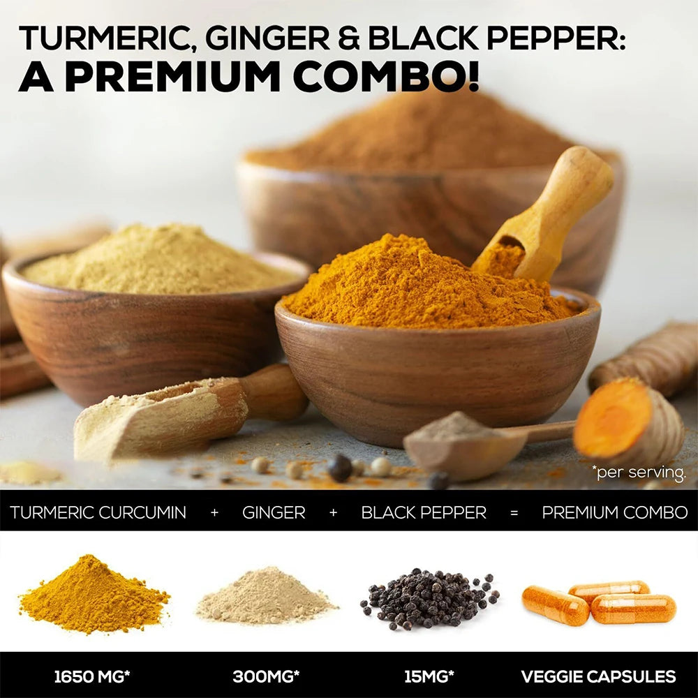 Turmeric Ginger Capsules with BioPerine 1950 Mg - Black Pepper for Better Absorption, Natural Joint, Heart and Brain Support FREE Shipping