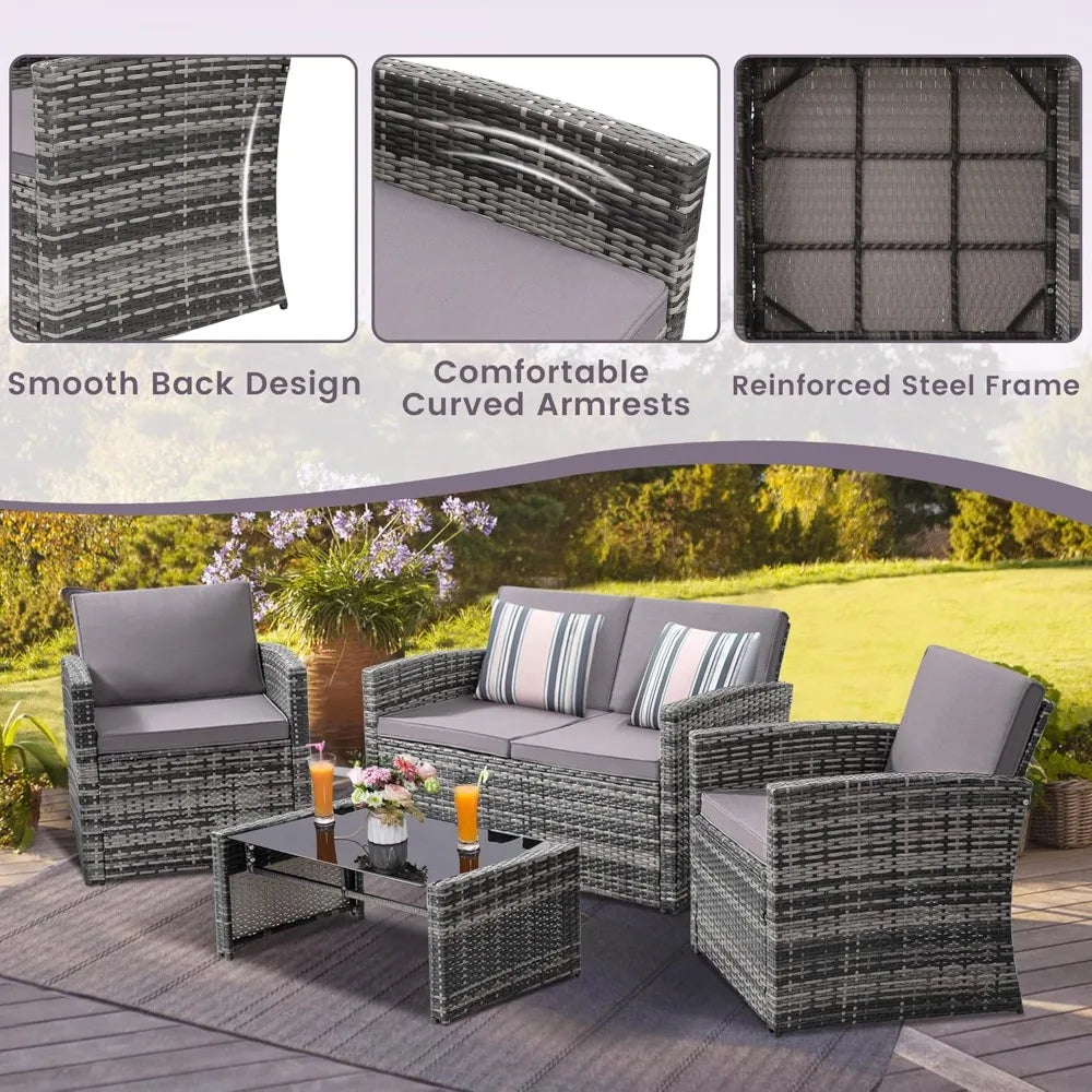 4 Piece Patio Conversation Set, Outdoor Wicker Sectional Furniture with Sofa, 2 Chairs, and Coffee Table, for Porch, Deck, Grey FREE SHIPPING