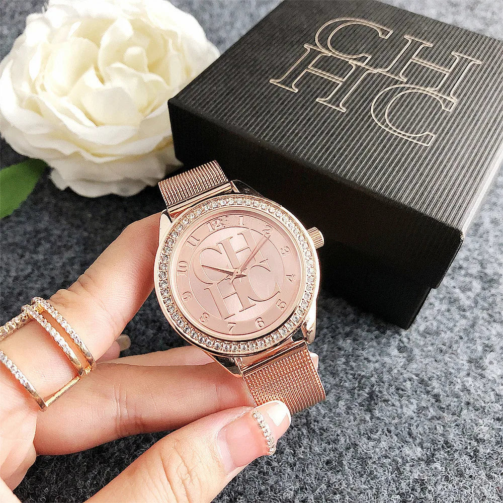 Carolina Herrera Elegant Logo Fashion Mesh Crystal Watch Design Sense Brand Stainless Steel Women's Watch Temperament High-end Diamond Watch FREE SHIPPING