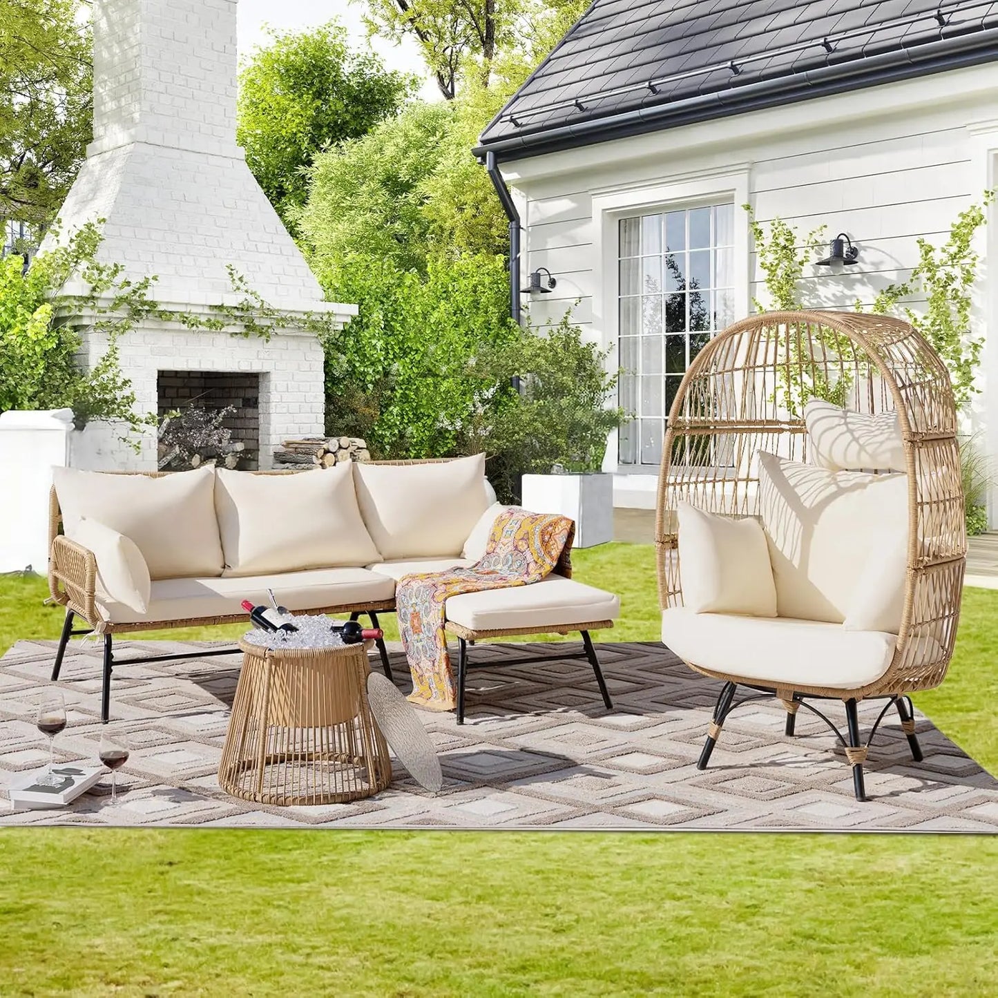 7-piece Bohemian Style Outdoor Courtyard Furniture Sofa Set, Including Egg Chairs, L-shaped Leisure Chairs, and Beige Cushions FREE Shipping