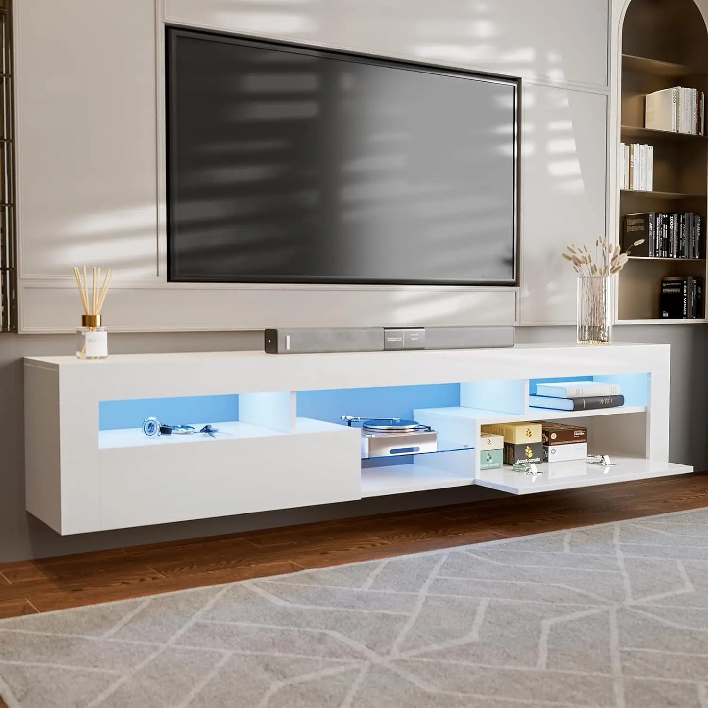 LED Floating TV Stand for 85+ inch TV, White High Glossy Wall Mounted Haning TV Stand with 2 Cabinets, Modern Floating FREE SHIPPING