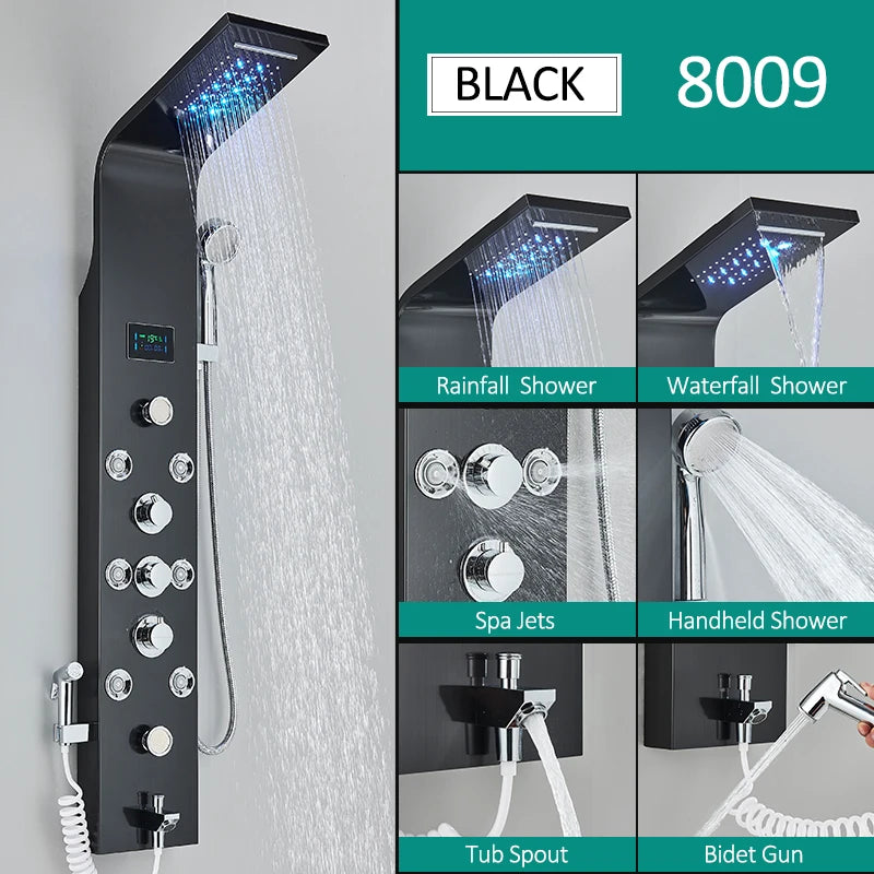 Black Nickel LED Shower Panel Six Functions Shower Column Rain Waterfall Shower Massage Spa Jets Tub Shower With Bidet Bath Taps FREE Shipping