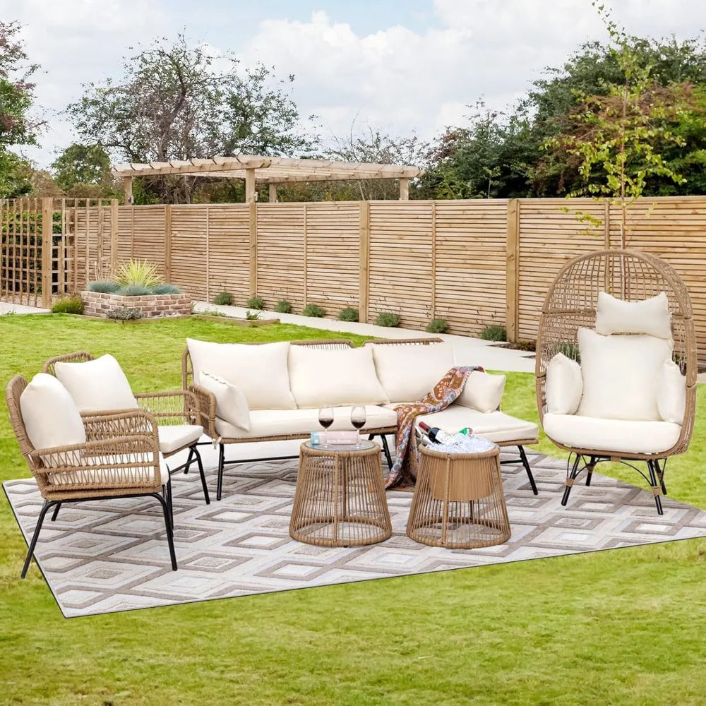 7-piece Bohemian Style Outdoor Courtyard Furniture Sofa Set, Including Egg Chairs, L-shaped Leisure Chairs, and Beige Cushions FREE Shipping