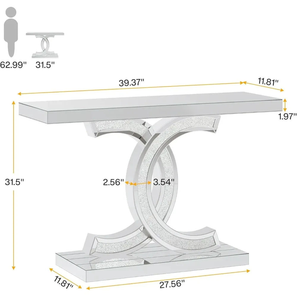 Mirrored Console Table, Modern Silver Entryway Table with Sparkling Crystal Inlays, Mirror Finish for Entrance, Living Room FREE SHIPPING