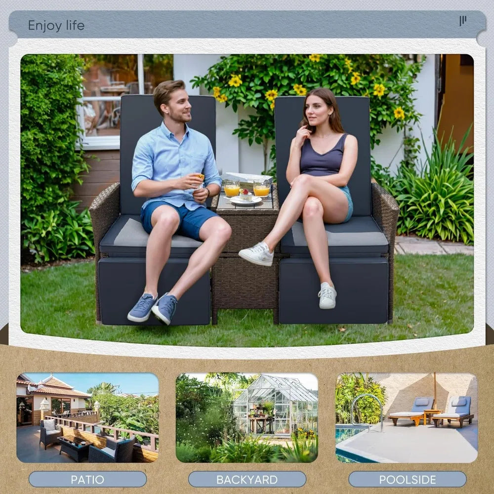 Terrace lounge chair, double sofa chair, adjustable backrest, wicker dialogue set, with table, thick cushion, multi area use Free Shipping
