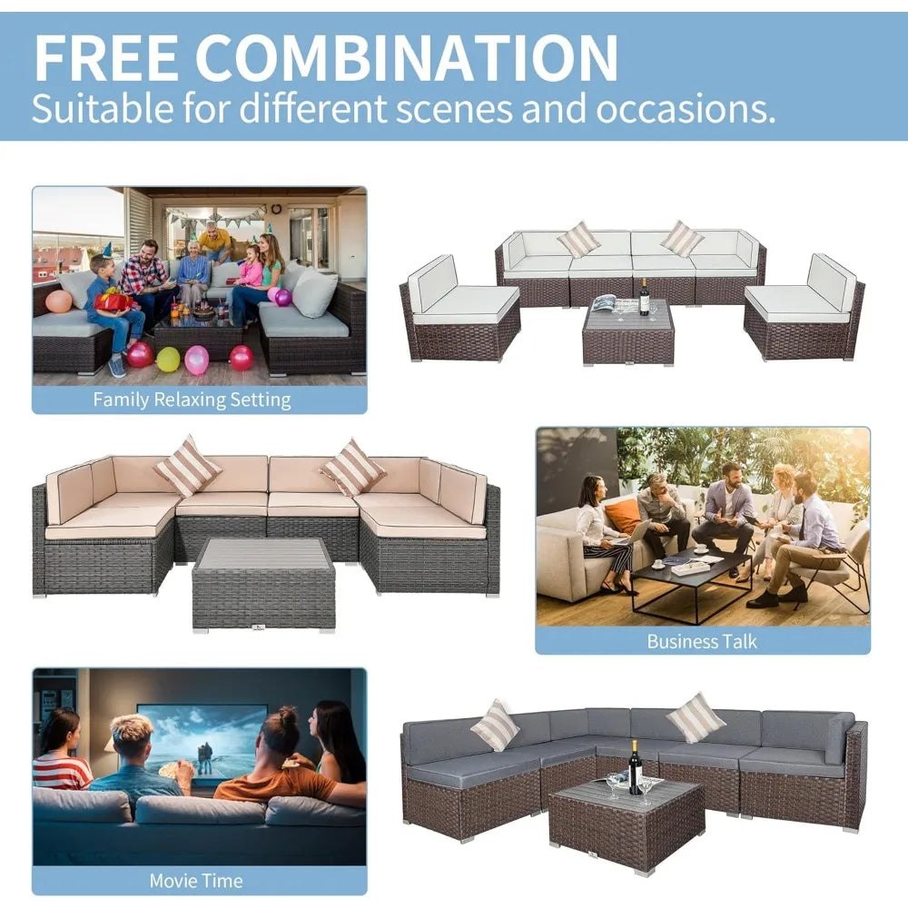 7 Piece Outdoor Patio Furniture Set with Cushions, PE Rattan Wicker Modular Patio Sofa Set with Coffee Table, and Two Pillows FREE Shipping