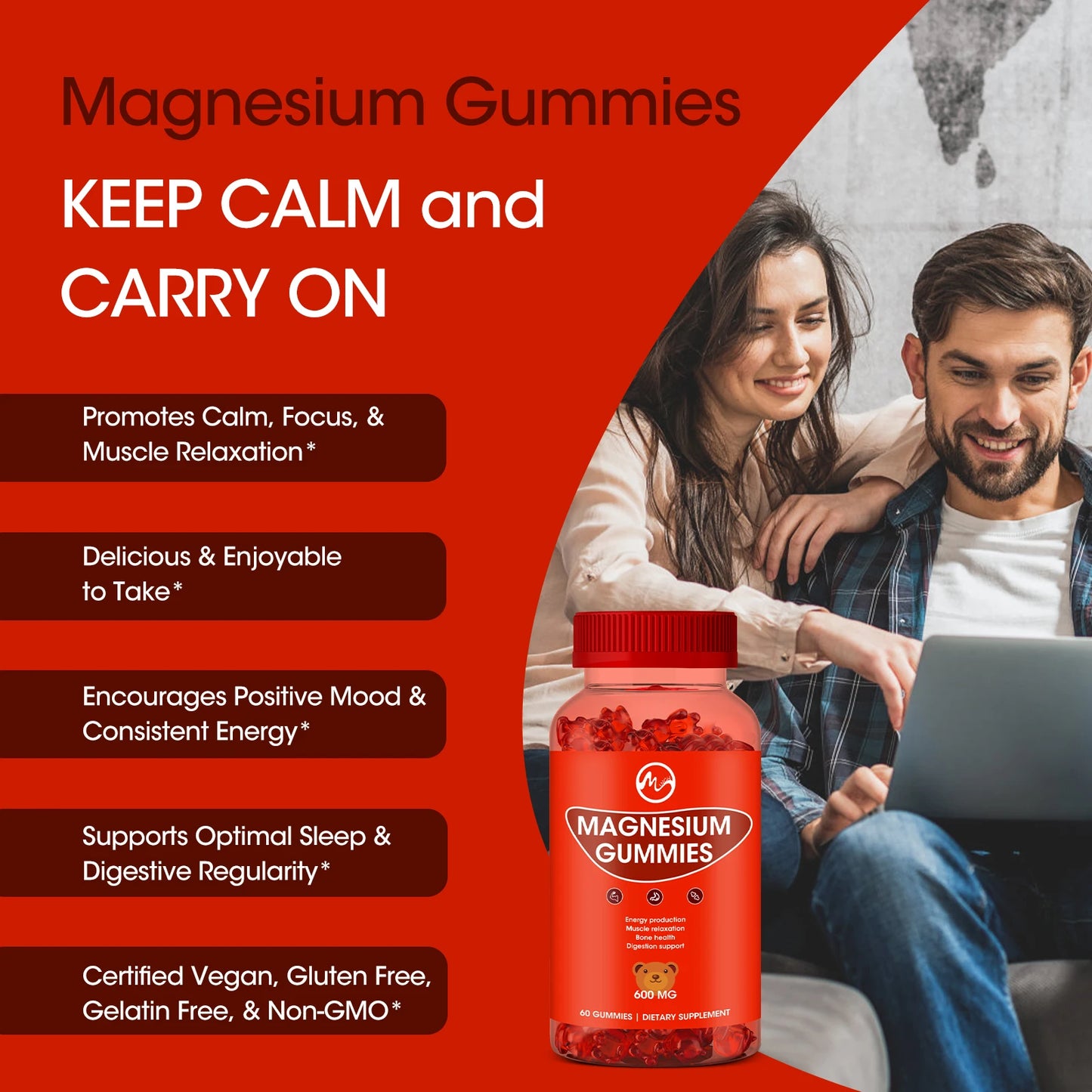 Magnesium Glycinate Gummies - Support Sleep Relax Nerves- Good Mood Brain Health Muscle Strengthen and Bones Free Shipping