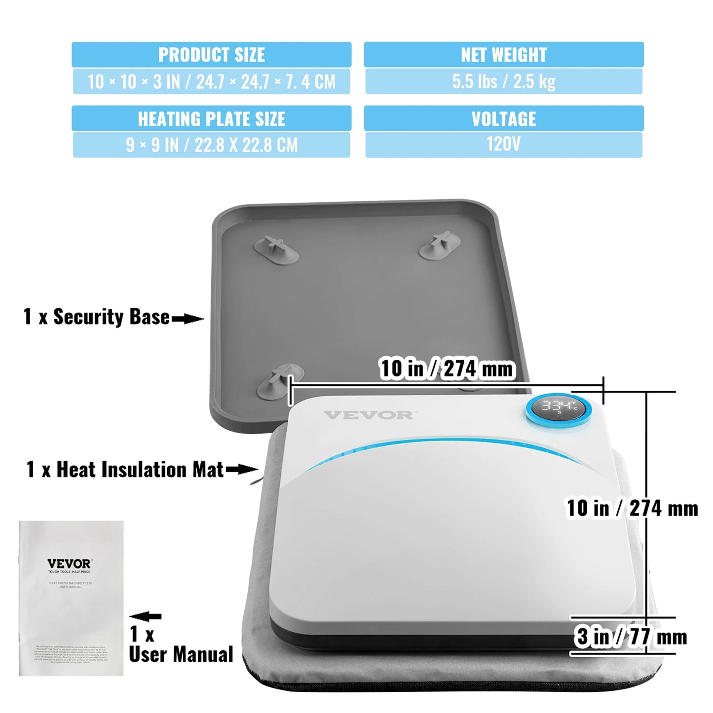 VEVOR 9x9/12x10 in Portable Heat Press Machine DIY Shirt Printing Multifunctional Sublimation Transfer for HTV Vinyl T-shirt Bag