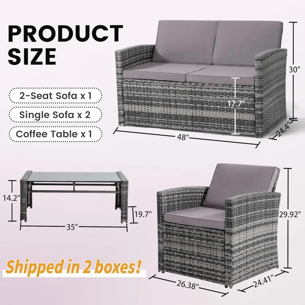 4 Piece Patio Conversation Set, Outdoor Wicker Sectional Furniture with Sofa, 2 Chairs, and Coffee Table, for Porch, Deck, Grey FREE SHIPPING