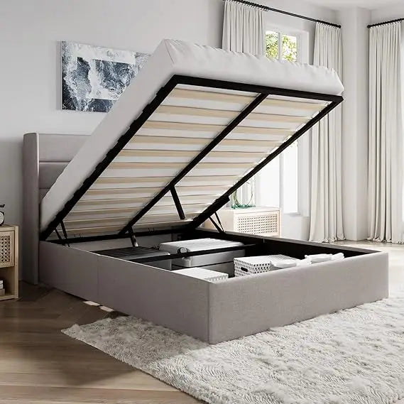 Full Size Lift Up Storage Bed/Velvet Upholstered/Modern Wingback Headboard/Upholstered Platform Bed Frame/Hydraulic S
