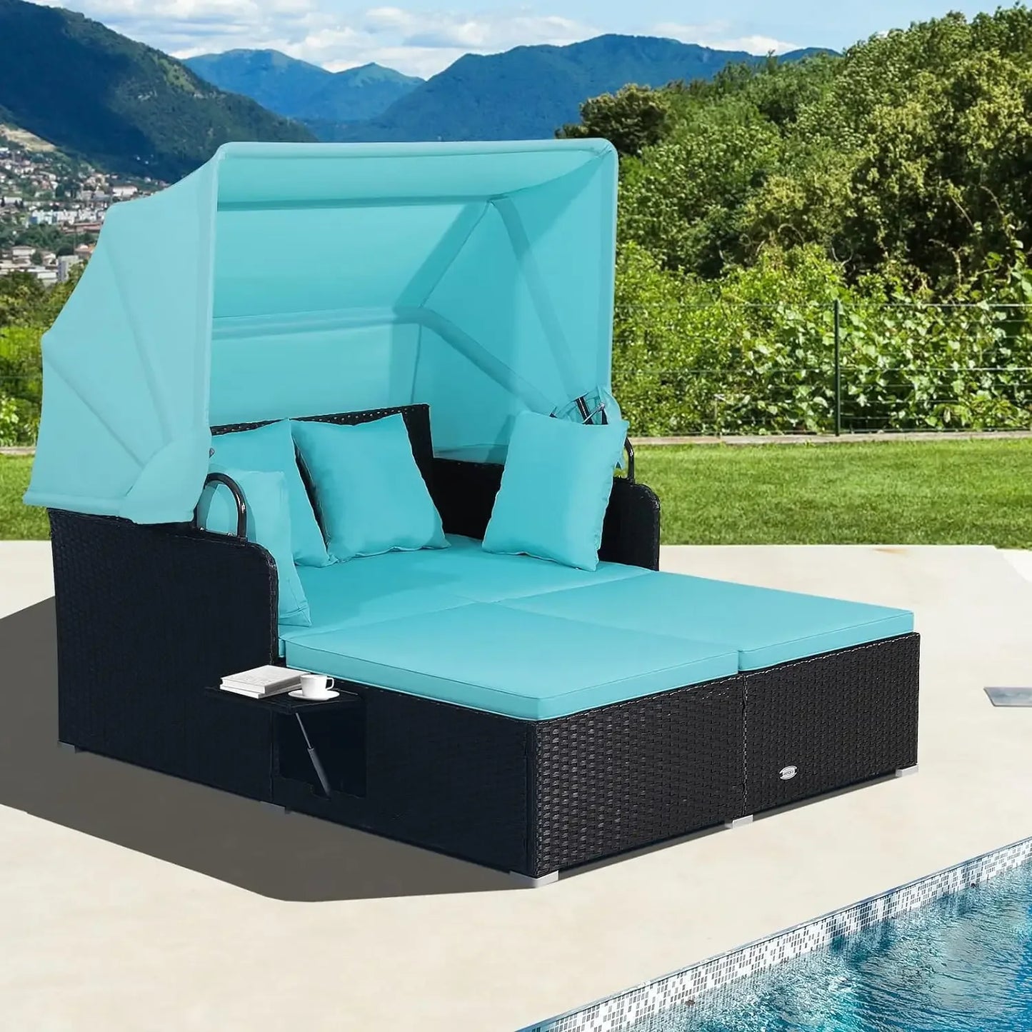 Patio Rattan Daybed with Retractable Canopy, Patiojoy Wicker Sun Lounger with 2 Foldable Side Panels, Thick Seat & Back Cushions FREE Shipping