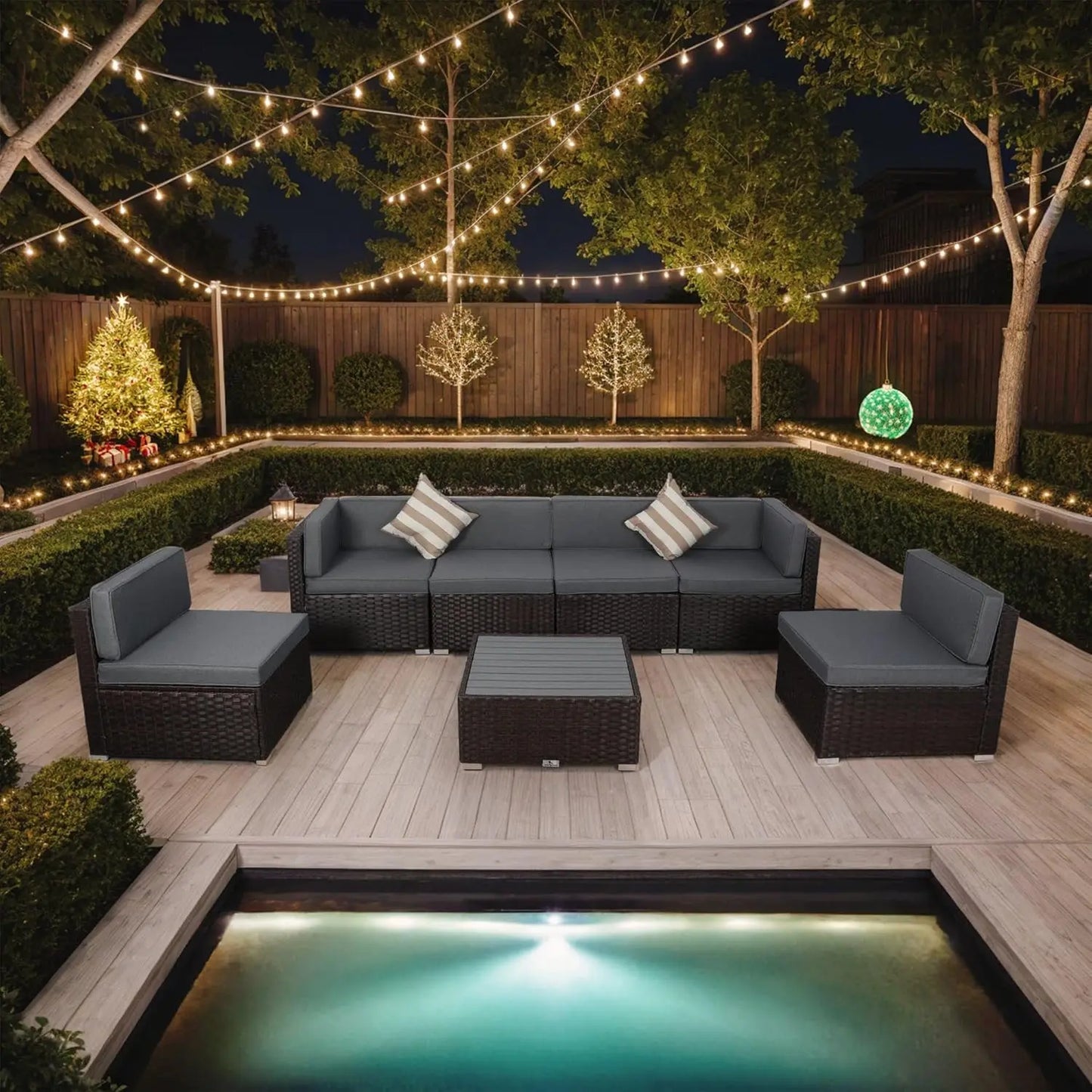7 Piece Outdoor Patio Furniture Set with Cushions, PE Rattan Wicker Modular Patio Sofa Set with Coffee Table, and Two Pillows FREE Shipping