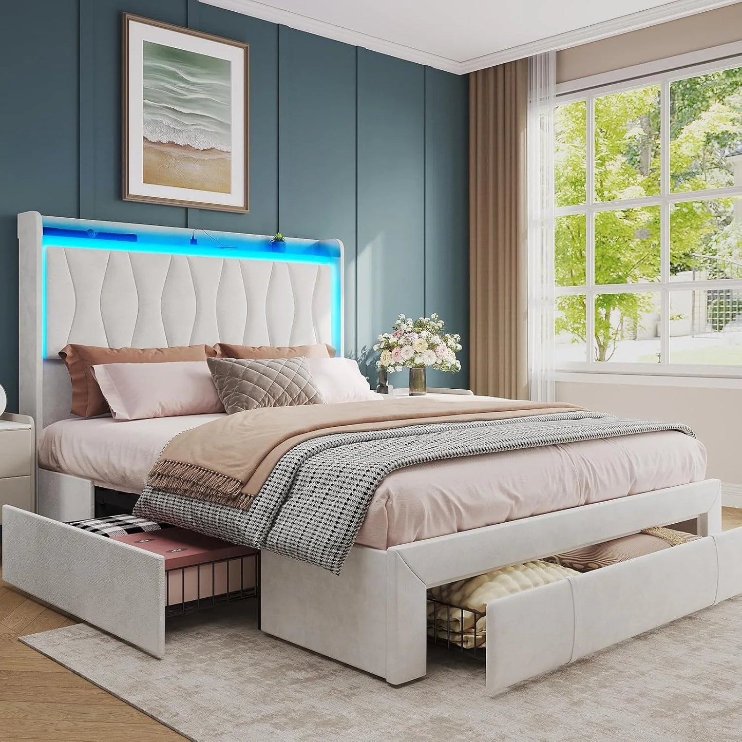 Queen Size Bed Frame with LED Light and 3 Drawers Storage, Upholstered Velvet Platform Bed Frame with Charging Station Free Shipping