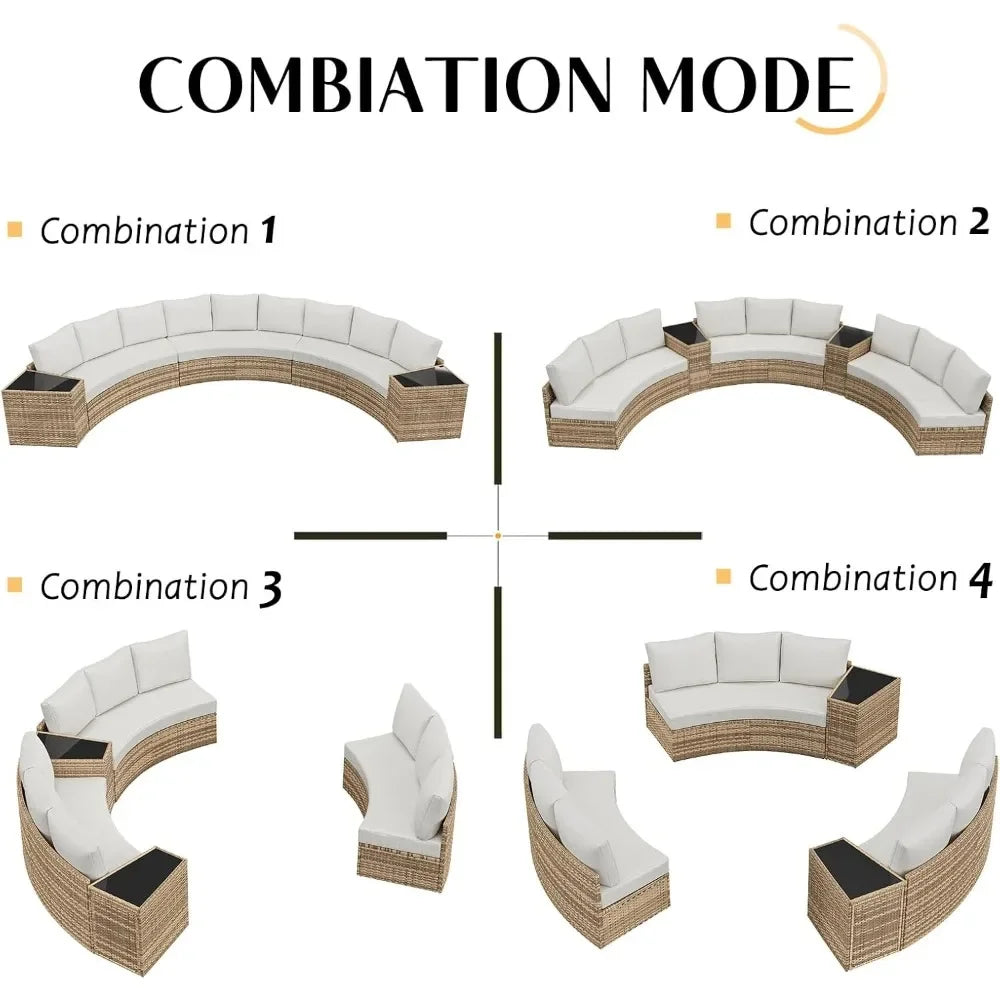 11-Piece Patio Furniture Set, Half-Moon Outdoor Wicker Sectional Sofa with Large Storage Wedge Table, All-Weather Wicker Conversation Set for Backyard, Garden, or Deck, Blue Patio Conversation Set FREE Shipping