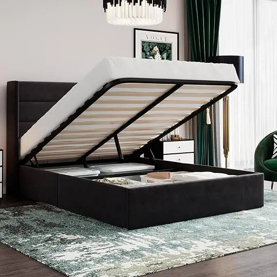 Full Size Lift Up Storage Bed/Velvet Upholstered/Modern Wingback Headboard/Upholstered Platform Bed Frame/Hydraulic S