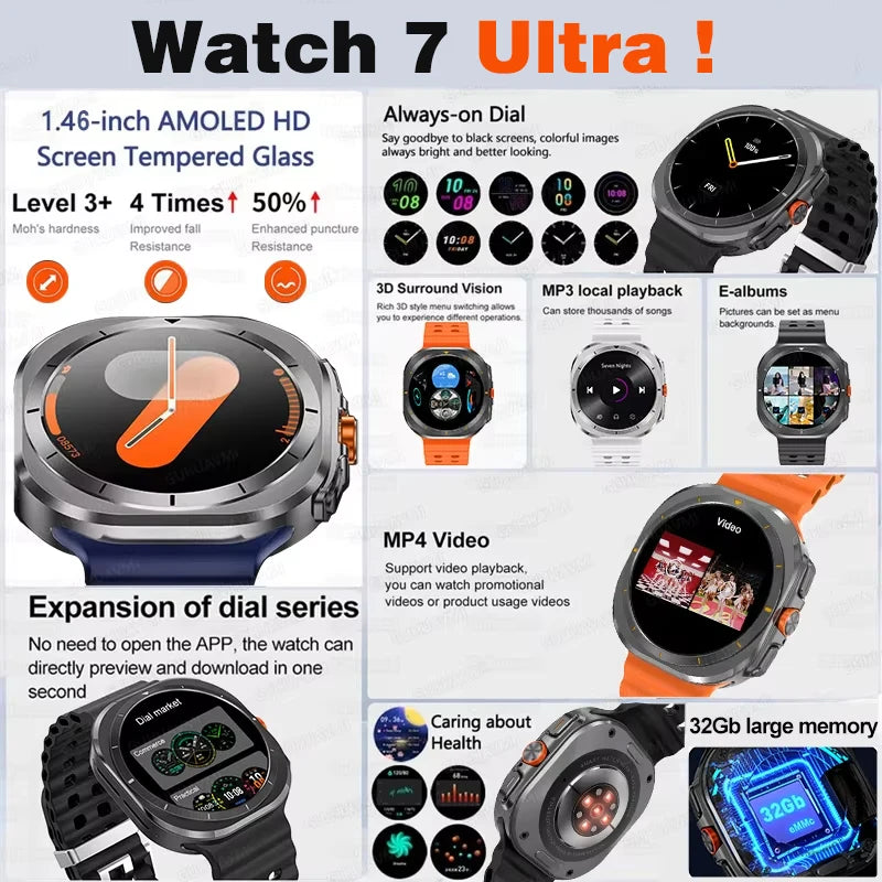 New Galaxi Watch 7 Ultra Smart Watch Men 32GB Memory Video GPS NFC 47mm AMOLED Fitness Tracker Health Smartwatch For Samsung