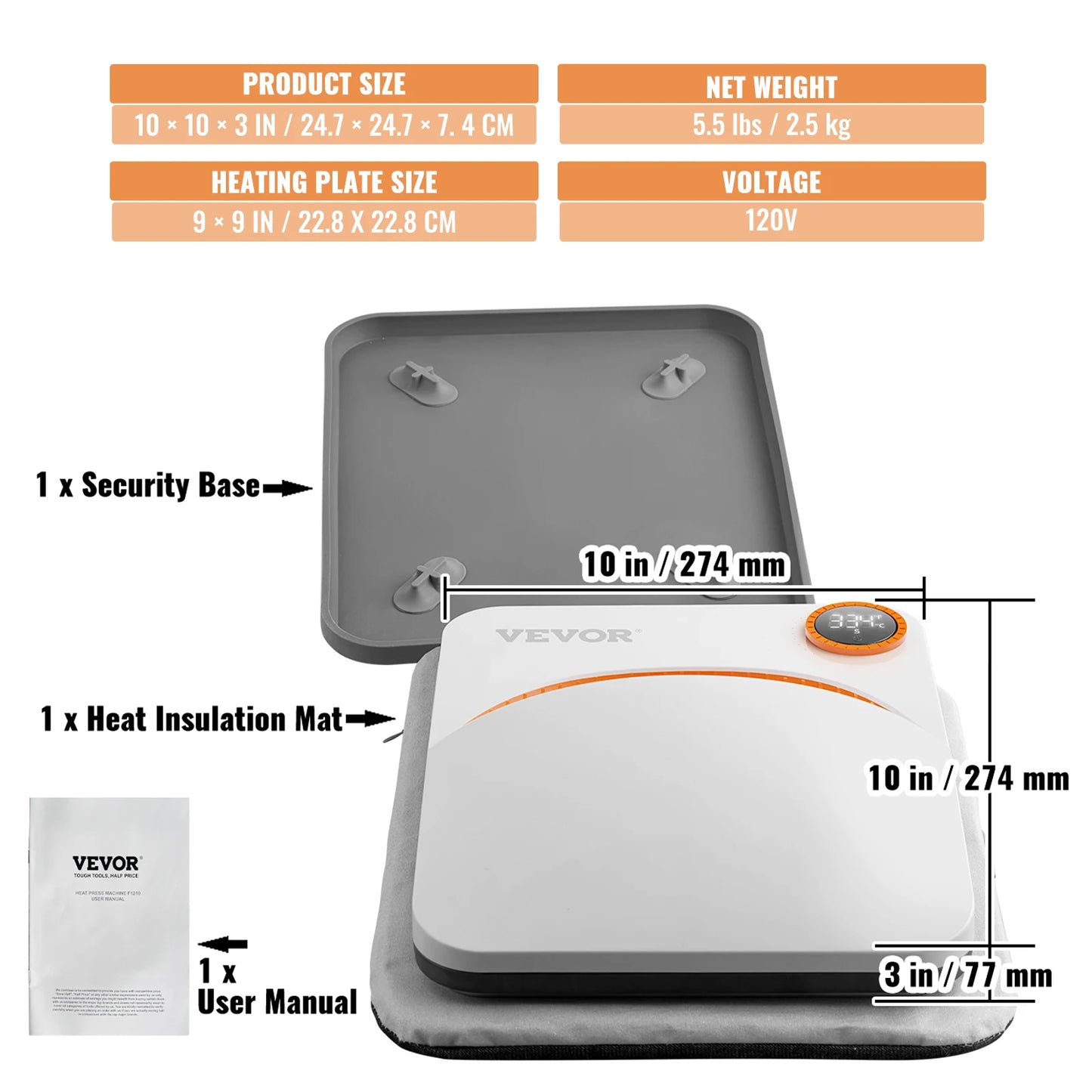 VEVOR 9x9/12x10 in Portable Heat Press Machine DIY Shirt Printing Multifunctional Sublimation Transfer for HTV Vinyl T-shirt Bag
