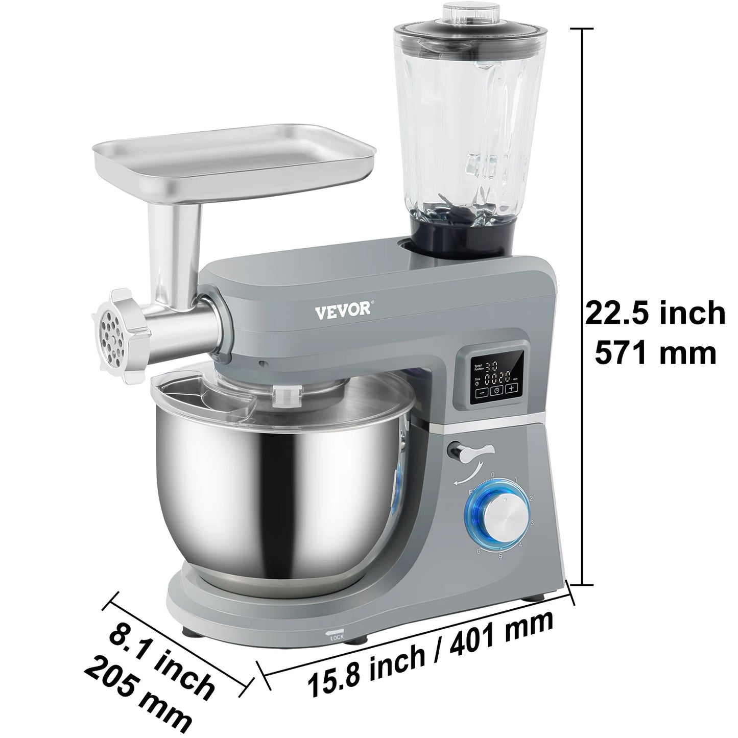 VEVOR 5 IN 1 Stand Mixer Tilt-Head Multifunctional Electric Mixer w/ 6 Speeds LCD Screen Timing 7.4 Qt Stainless Bowl Dough Hook FREE SHIPPING