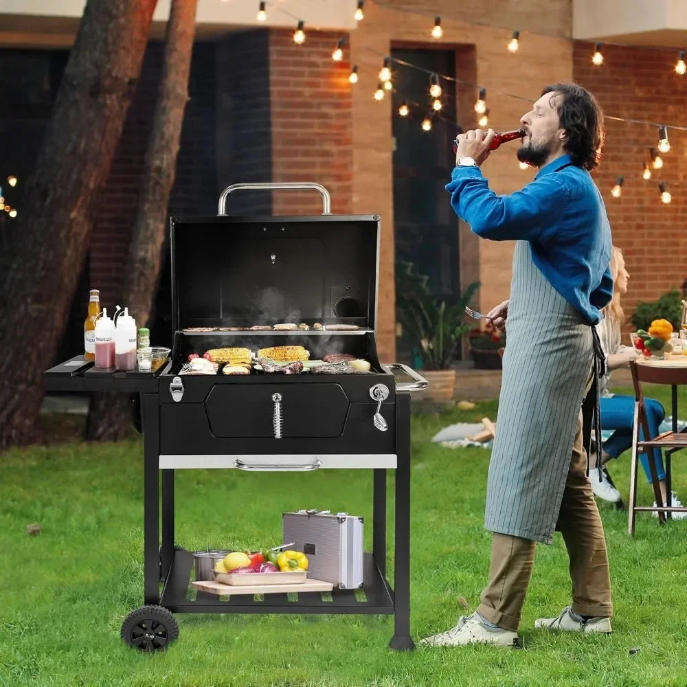 Grill 24-Inch Charcoal with Foldable Side Table, 490 Square Inches Heavy-duty BBQ Grill, O Garden and Backyard Grilling, Black FREE SHIPPING