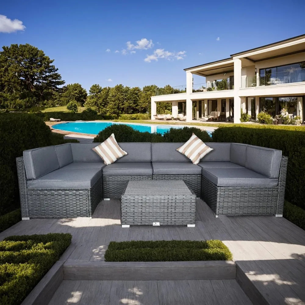 7 Piece Outdoor Patio Furniture Set with Cushions, PE Rattan Wicker Modular Patio Sofa Set with Coffee Table, and Two Pillows FREE Shipping