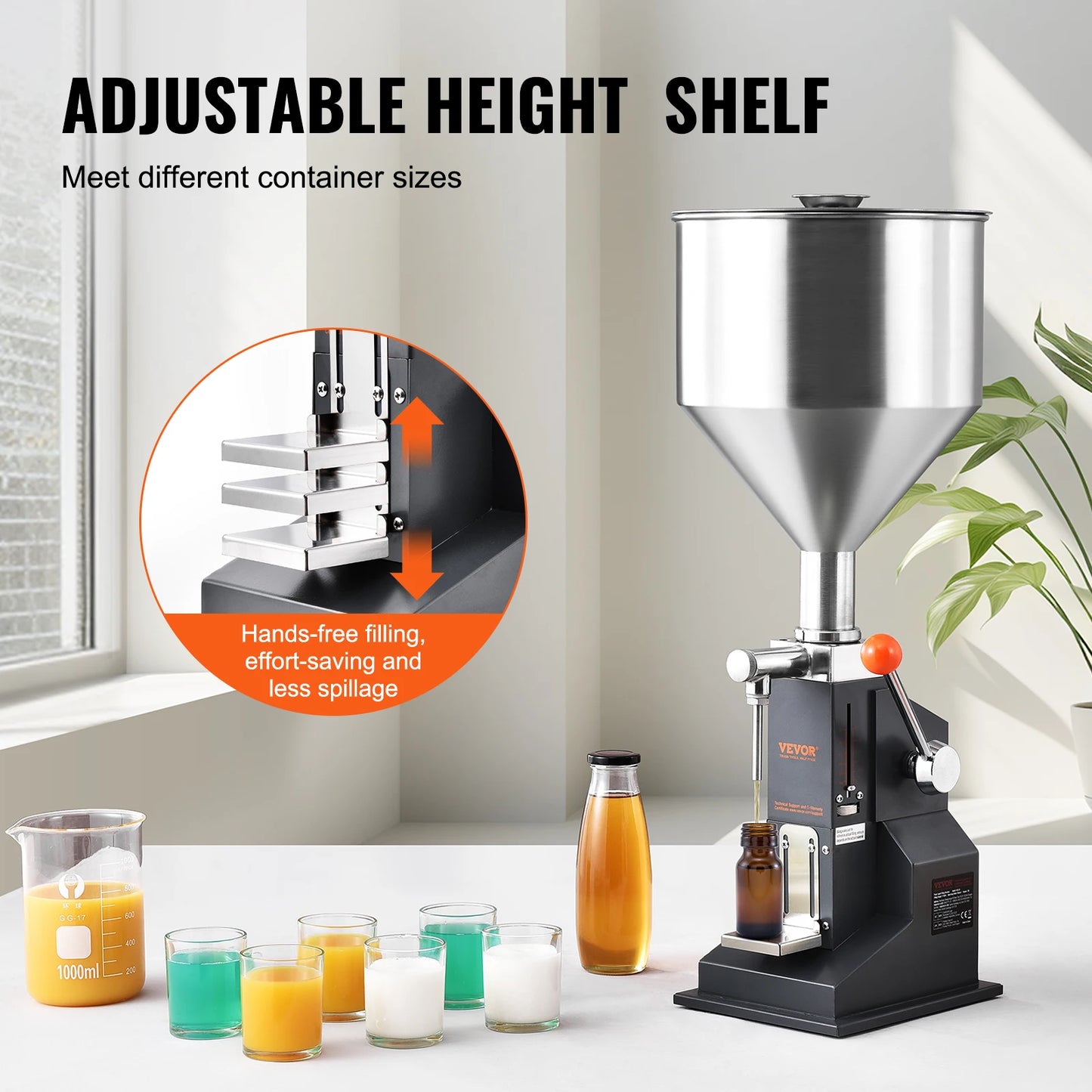 VEVOR A03 5-50ml/5-100ml Manual Liquid Filling Machine Paste Bottle Filler Adjustable with Hopper for Water Juice Shampoo Honey FREE Shipping