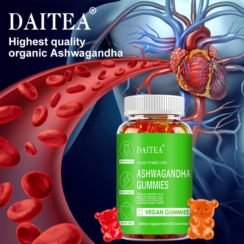 DAITEA Ashwagandha Gummies - Reduces Stress and Anxiety, Supports Heart, Joints, Immunity and Energy, Vegetarian, dolores de espalda Free Shipping