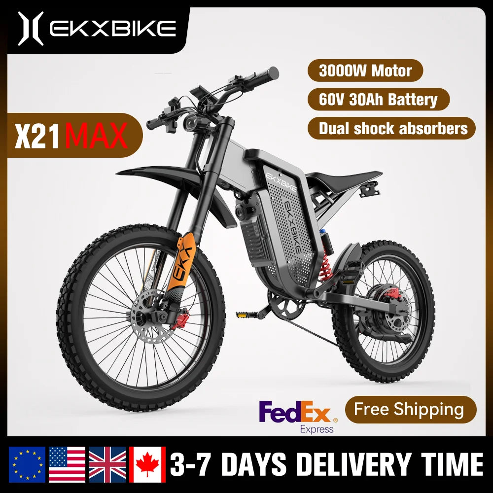 EKX X21 Max Electric Motorcycles 6000W Brushless Gearless Motors 60V30AH Lithium Battery Speed 85Kmh Adult Off Road MTB Ebike FREE Shipping