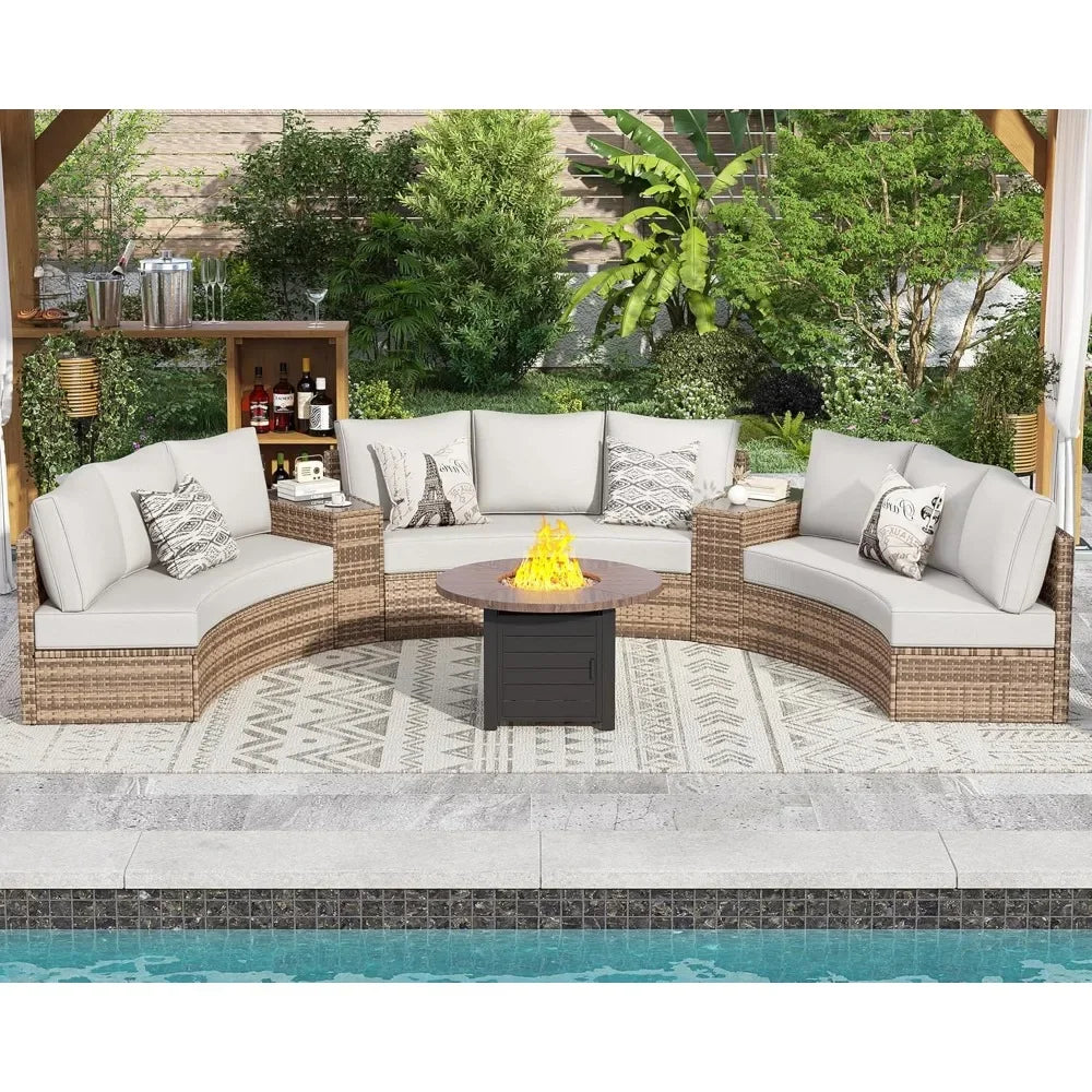 11-Piece Patio Furniture Set, Half-Moon Outdoor Wicker Sectional Sofa with Large Storage Wedge Table, All-Weather Wicker Conversation Set for Backyard, Garden, or Deck, Blue Patio Conversation Set FREE Shipping