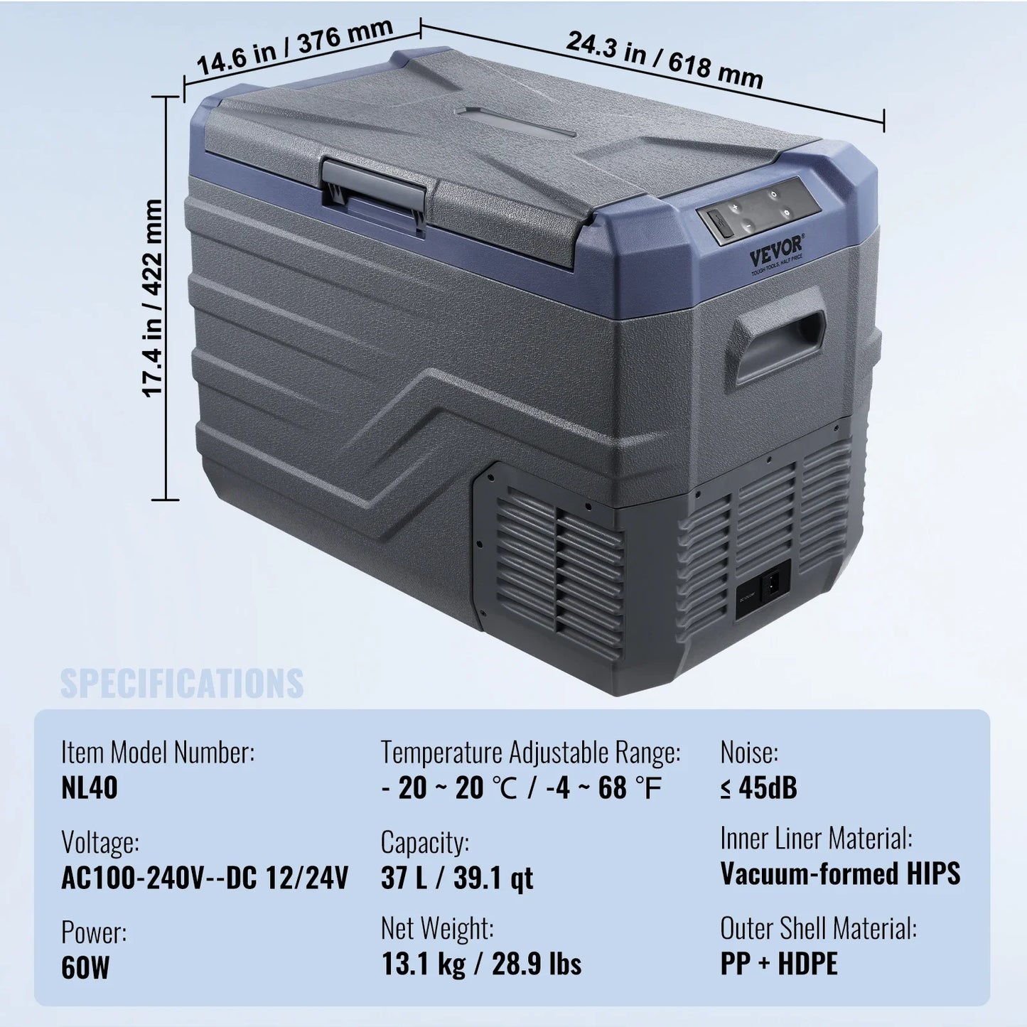 VEVOR 12L 15L 30L 37L 45L Car Refrigerator Fridge 37 L -4℉-68℉ 12/24V DC and 100-240V AC for Outdoor Camping and RV Free Shipping
