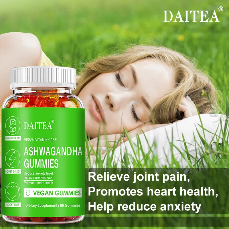 DAITEA Ashwagandha Gummies - Reduces Stress and Anxiety, Supports Heart, Joints, Immunity and Energy, Vegetarian, dolores de espalda Free Shipping