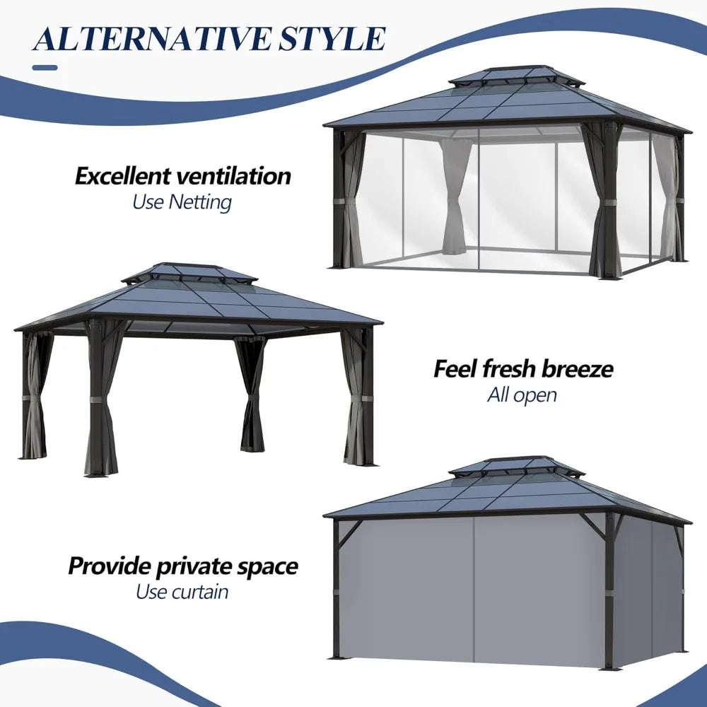 12x14FT Polycarbonate Hardtop Gazebo with Double Roof - Heavy-Duty Steel Frame Gazebo with Breathable Netting & Privacy Curtain for Patio, Porch, Garden, Lawn, Deck, Backyard Free Shipping