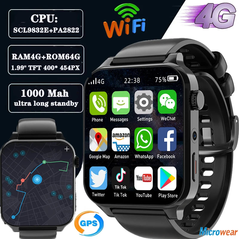 2025 RAM 4GB ROM 64GB 1.99 Inch 4G Call Smart Watch GPS Wifi SIM Dual Camera Heartrate Testing Waterproof Sports Men Smartwatch