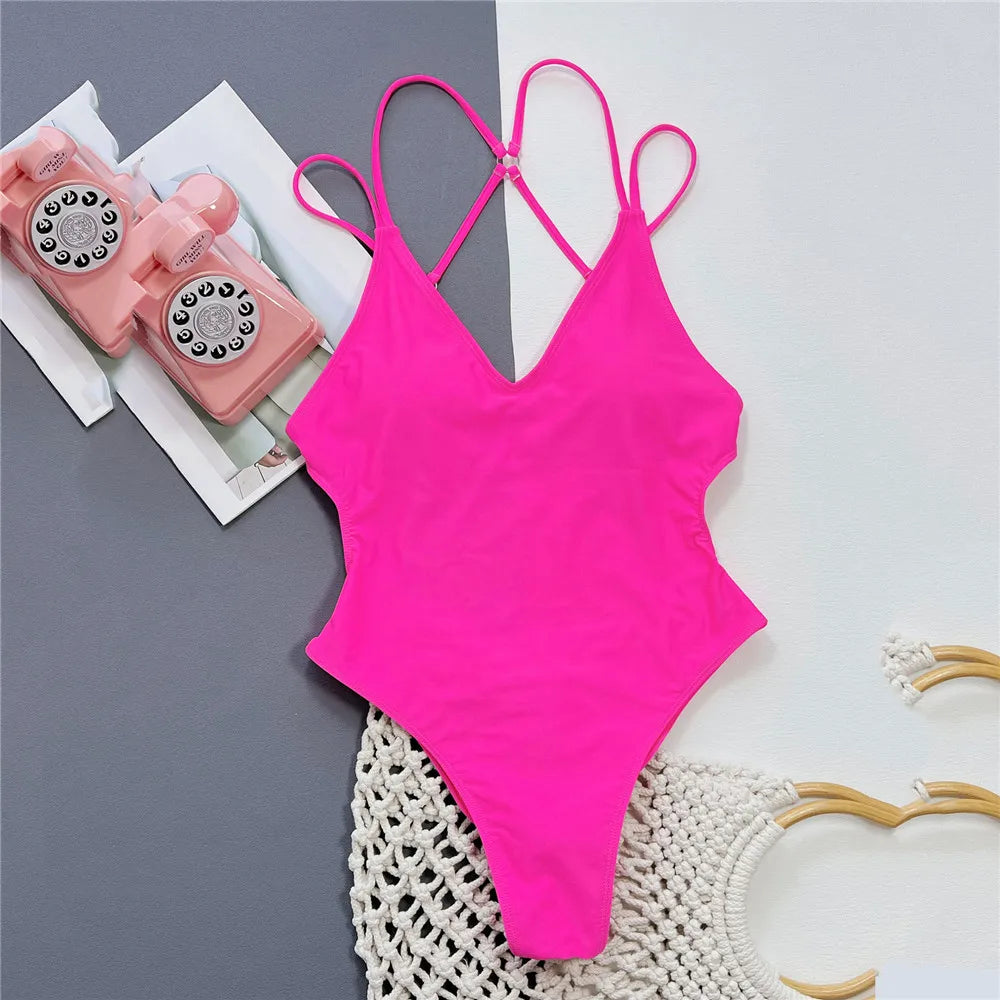 Solid Blue Backless Swimwear One Piece Sexy Swimsuit Women 2025 Back Cross String Bathers High Cut Bathing Suit Swmming Wear FREE Shipping