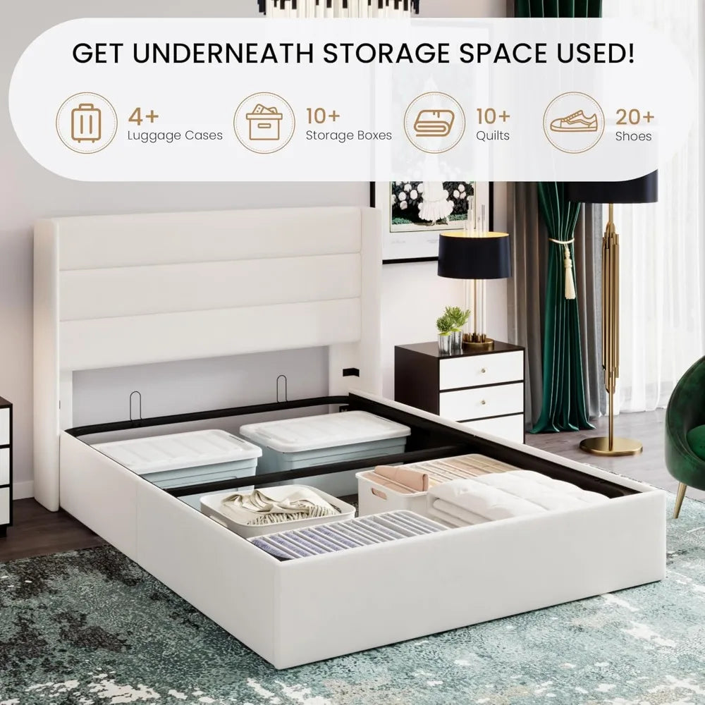 Full Size Lift Up Storage Bed/Velvet Upholstered/Modern Wingback Headboard/Upholstered Platform Bed Frame/Hydraulic S