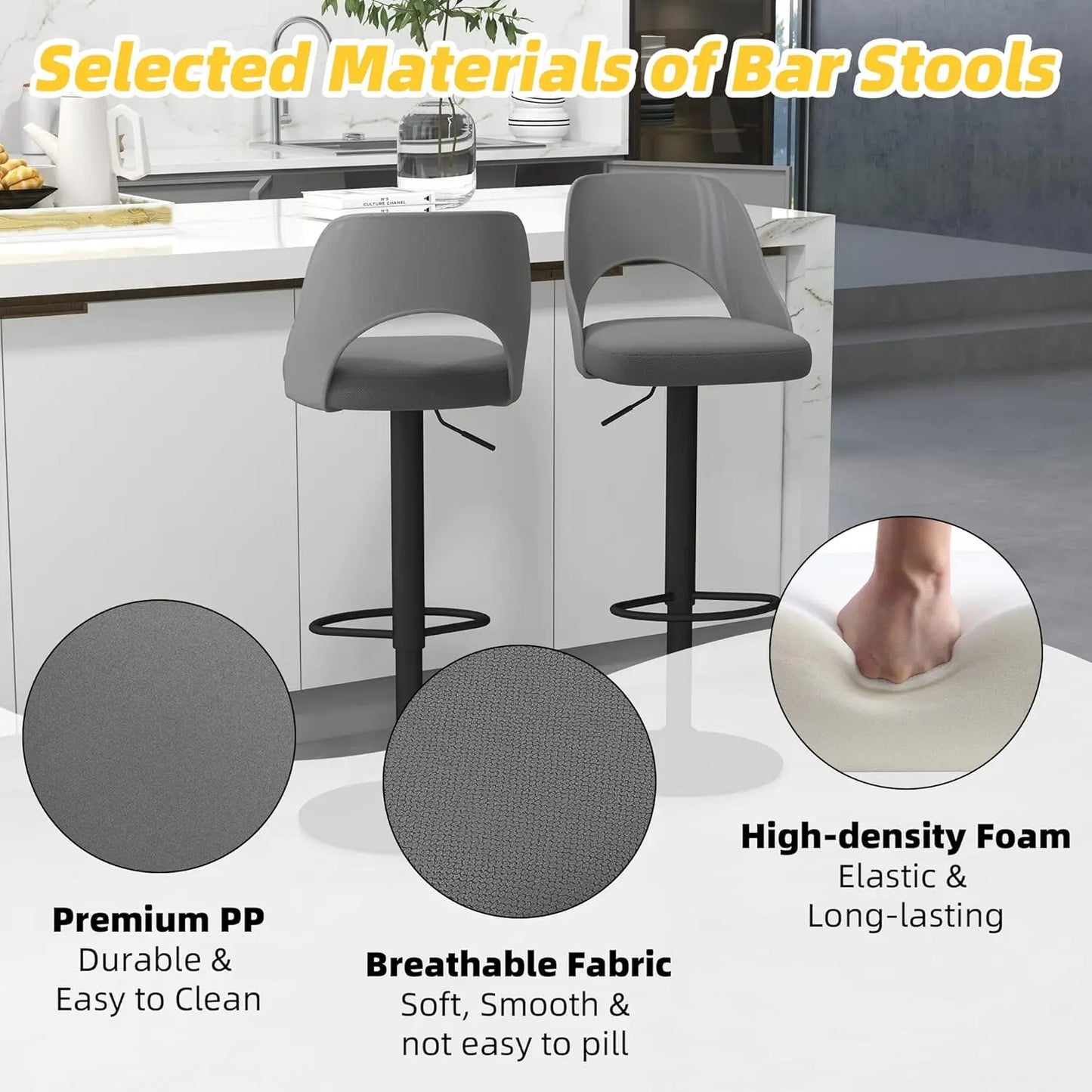 Bar Stools Set of 6 for Kitchen Counter, Seat Height Adjustable 25''-33'', Modern Upholstered Swivel Island Chairs