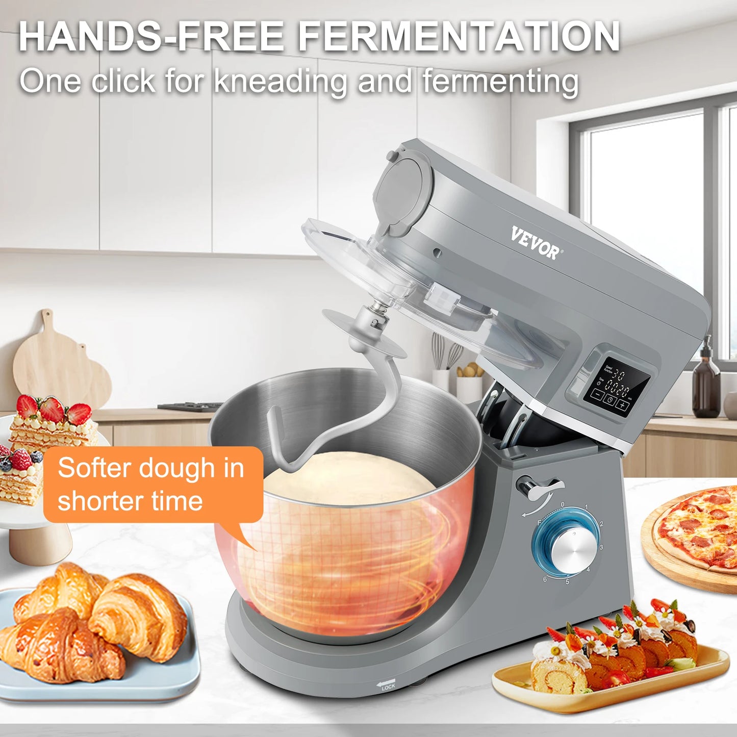 VEVOR 5 IN 1 Stand Mixer Tilt-Head Multifunctional Electric Mixer w/ 6 Speeds LCD Screen Timing 7.4 Qt Stainless Bowl Dough Hook FREE SHIPPING
