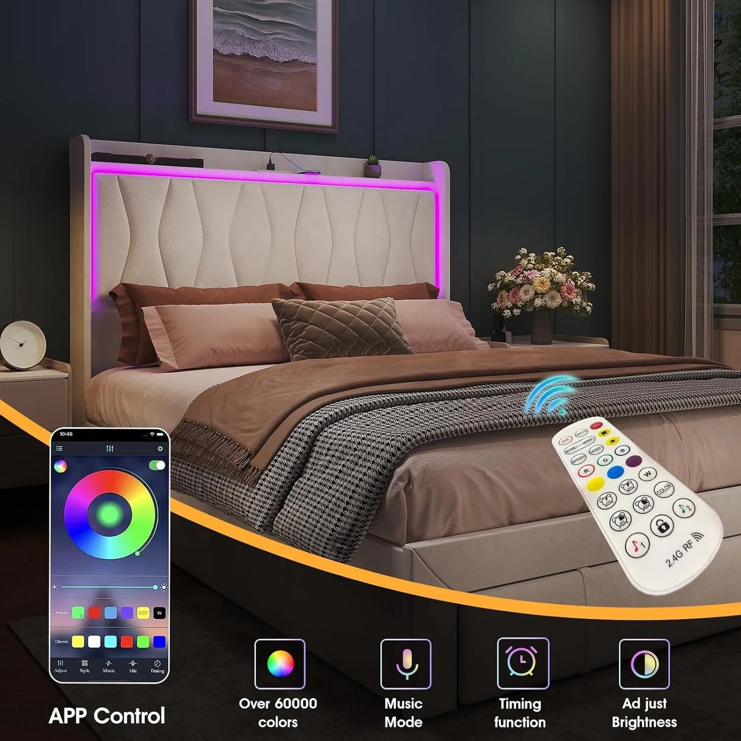 Queen Size Bed Frame with LED Light and 3 Drawers Storage, Upholstered Velvet Platform Bed Frame with Charging Station Free Shipping
