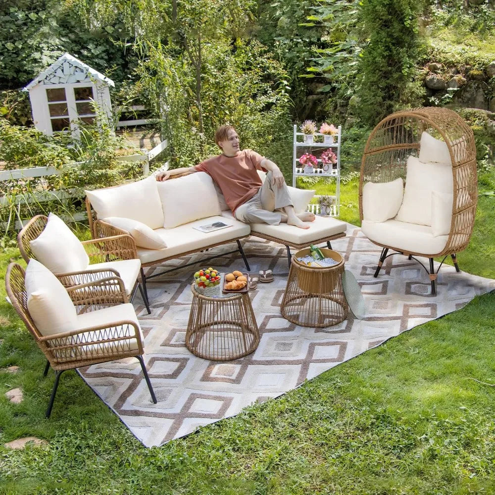 7-piece Bohemian Style Outdoor Courtyard Furniture Sofa Set, Including Egg Chairs, L-shaped Leisure Chairs, and Beige Cushions FREE Shipping