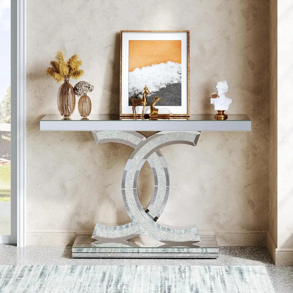 Mirrored Console Table, Modern Silver Entryway Table with Sparkling Crystal Inlays, Mirror Finish for Entrance, Living Room FREE SHIPPING