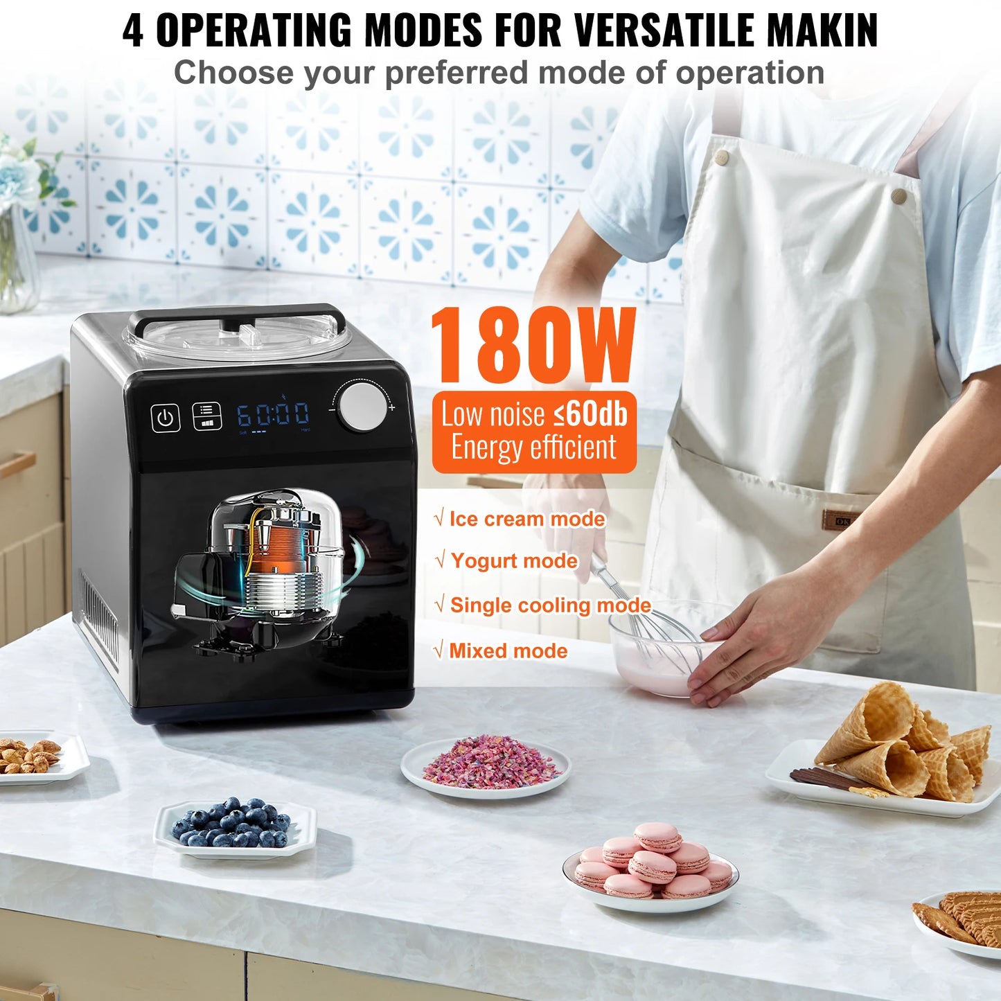 VEVOR Upright Automatic Ice Cream Maker with Built-in Compressor Capacity 1501 ML, 2 QT
