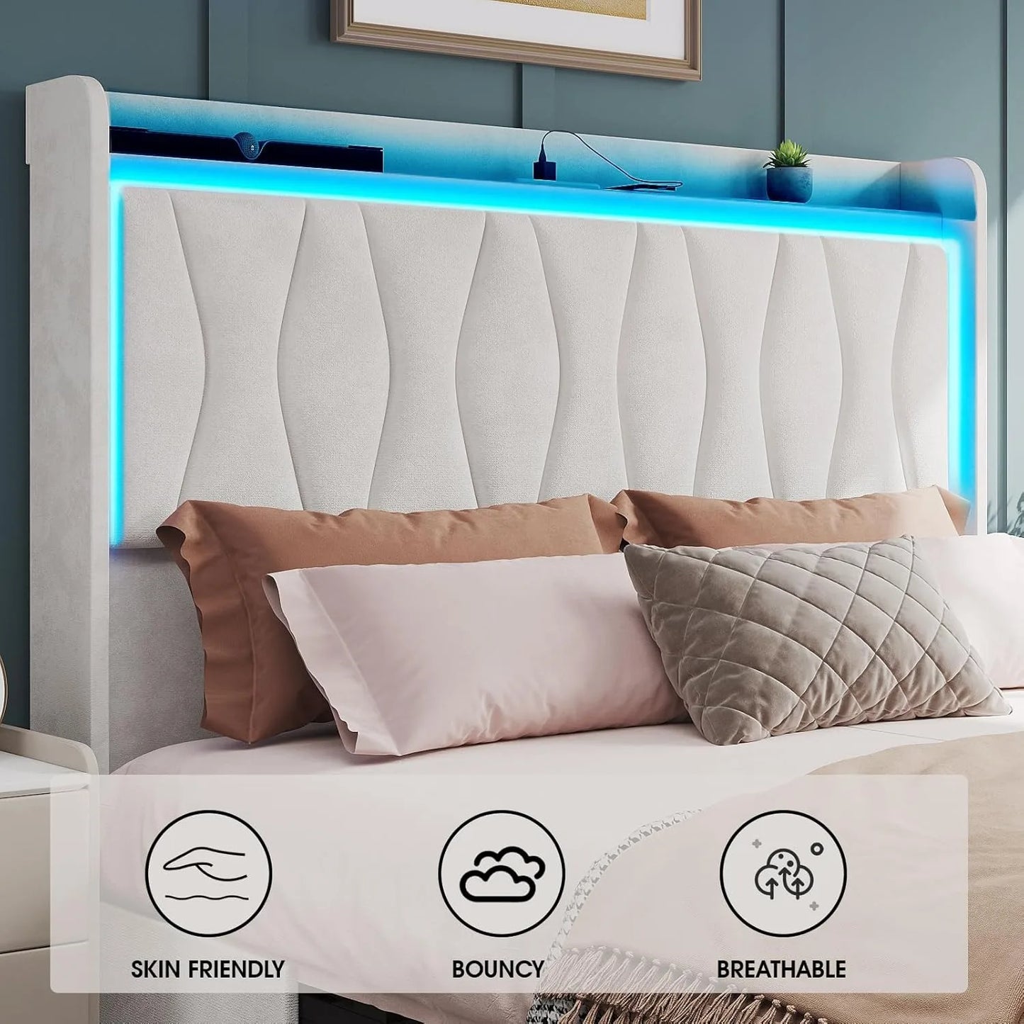 Queen Size Bed Frame with LED Light and 3 Drawers Storage, Upholstered Velvet Platform Bed Frame with Charging Station Free Shipping