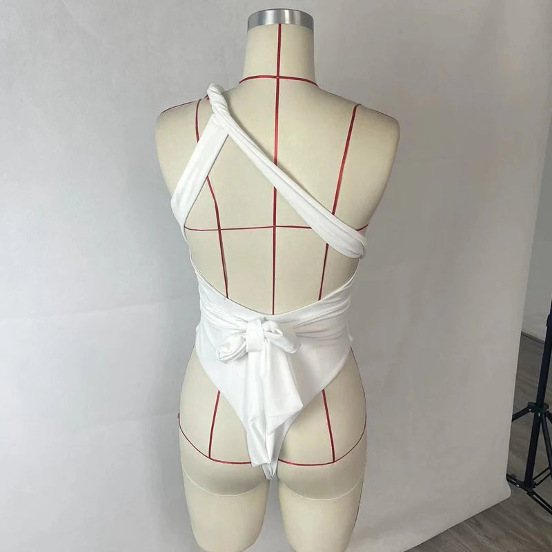 Women's Bikini One Piece Sexy Solid One Shoulder Slim Tie Up Pleated Hollow Out Nipped Waist Beach Swimwear For Female FREE Shipping
