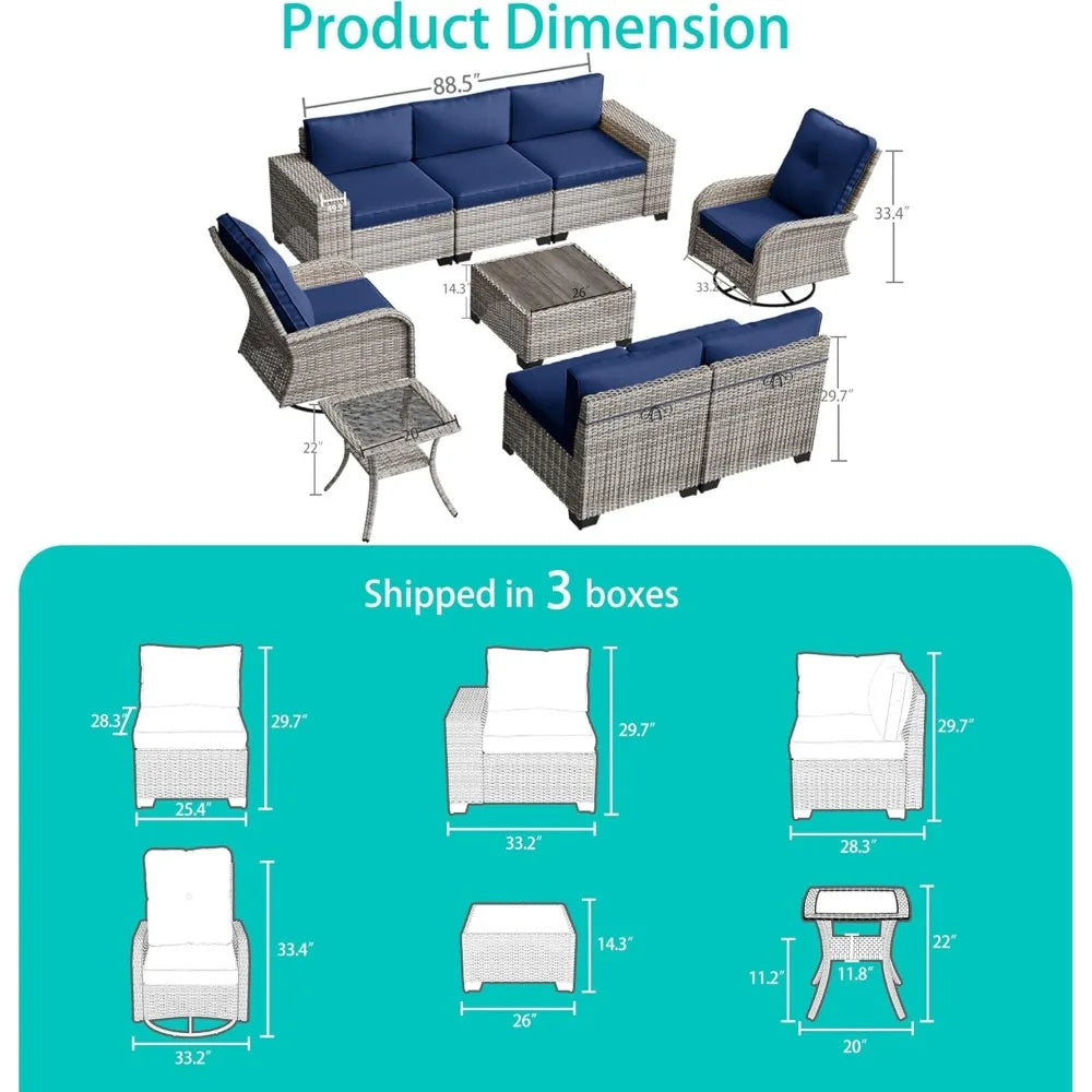 9-Piece Outdoor Patio Furniture Set with Rocking Swivel Chair Wicker Sectional Sofa Set, with Thickened Cushions & Coffee Table FREE SHIPPING